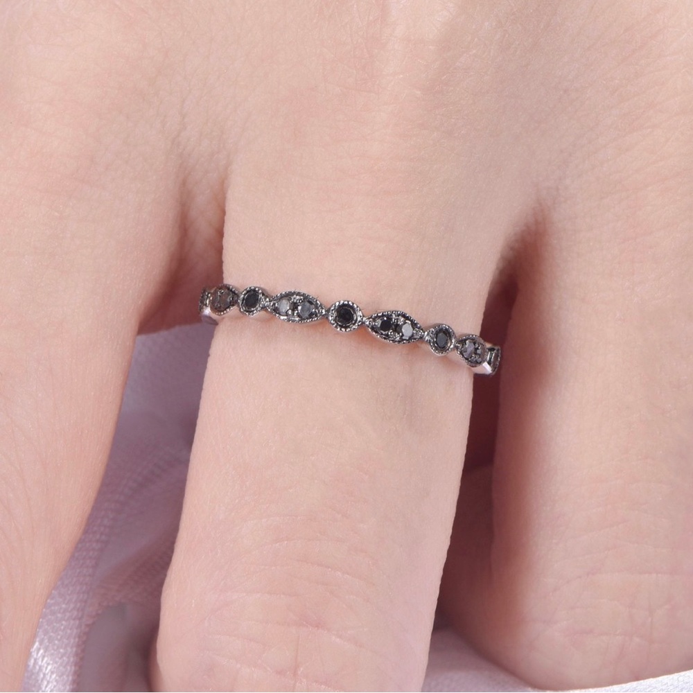 Black Diamond Full Eternity Ring - Art Deco Solid 14k White